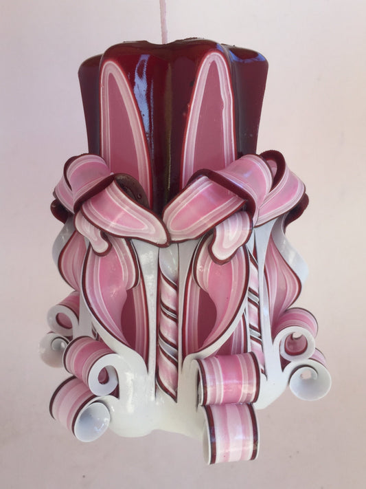Handmade Pink and Burgundy Carved Pillar Candle - 5 Inch