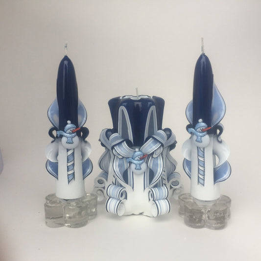 Blue Snowman Carved Candle Centerpiece Set