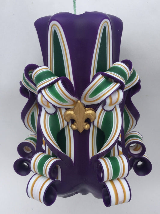 Hand-Carved Mardi Gras Theme Pillar Candle - 5 Inch