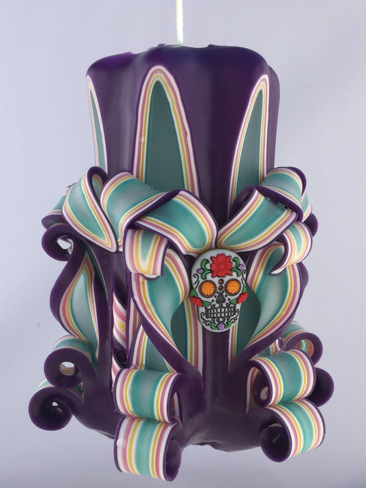 Handmade Day of the Dead / Dia de los Muertos Carved Pillar Candle - 5 Inch