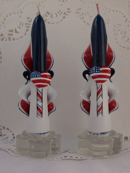 Carved Patriotic Taper Candles with Heart Flag Accents