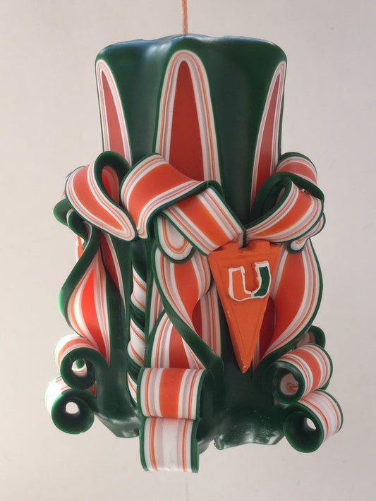 University of Miami Inspired Carved Pillar Candle - 5 Inch