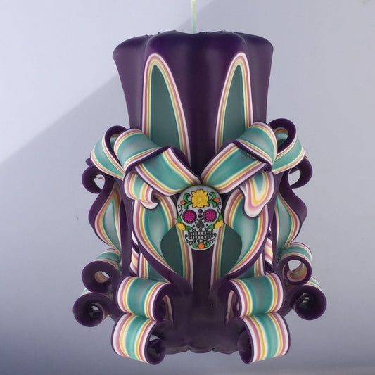 Handmade Day of the Dead / Dia de los Muertos Carved Pillar Candle - 5 Inch