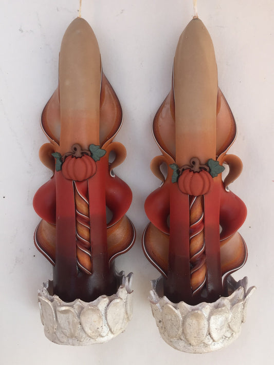 Thanksgiving Taper Candles with Pumpkin Accents - 6 inch