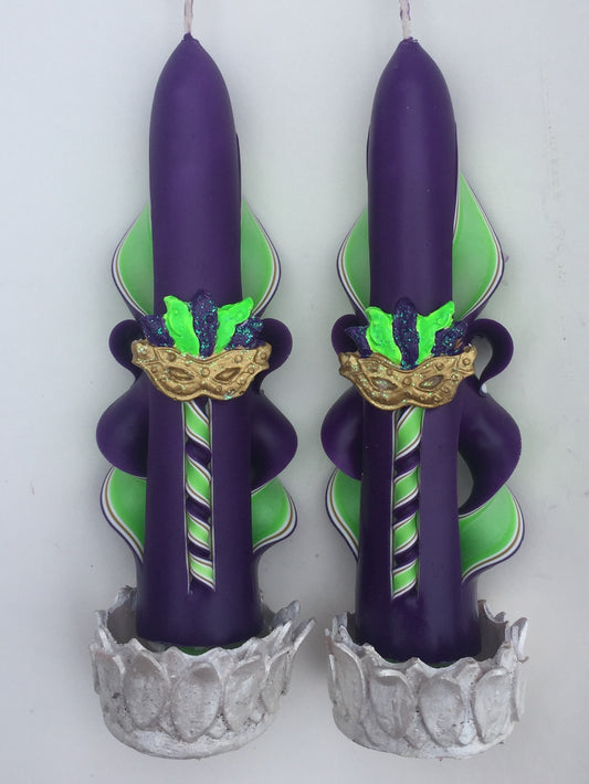 Mardi Gras Feather Masquerade Mask Carved Taper Candles - 6 Inch