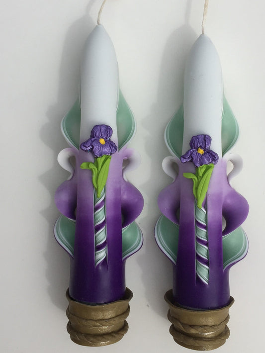 Handmade Carved Spring Taper Candles with Iris Embellishment - 6 inch