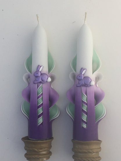 Purple & Green Hand-Carved Easter Bunny Candles