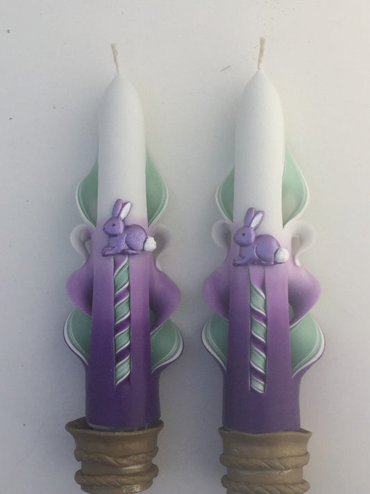 Purple & Green Hand-Carved Easter Bunny Candles