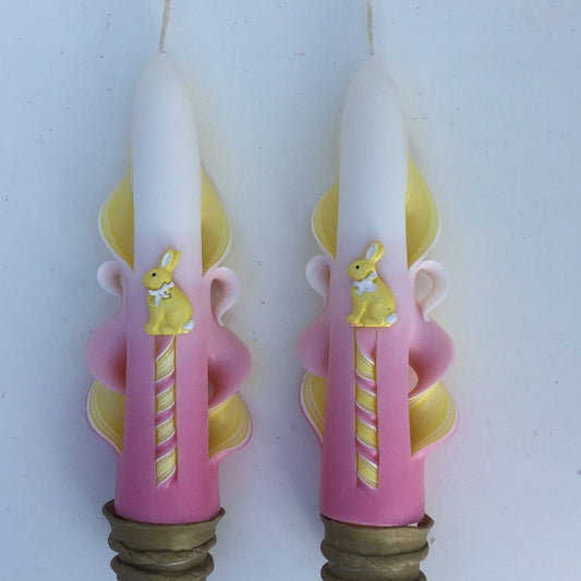 Yellow & Pink Ombre Carved Easter Bunny Taper Candles