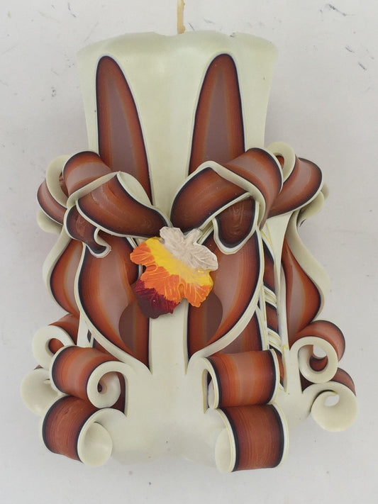 Handmade Earth Tone Autumn Leaves Carved Pillar Candle - 5 Inch