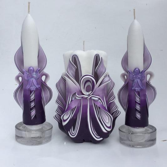 Purple Carved Angel Carved Candle Set