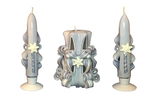 Handmade Blue Snowflake Carved Candle Centerpiece Set