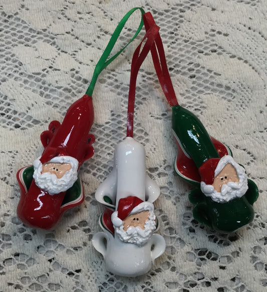 Handmade Carved Wax Christmas Ornaments with Santa Accents – Set of 3