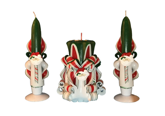 Carved Christmas Candle Set with Santa Accents