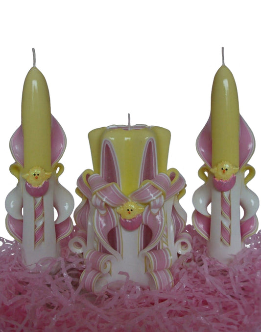 Handmade Easter Chick Carved Candle Set
