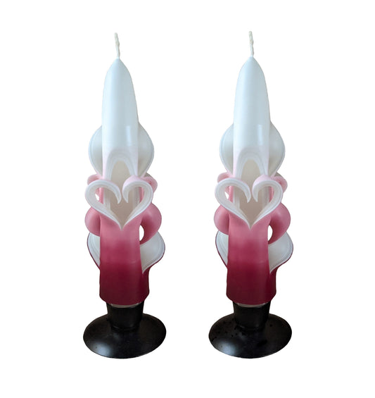 Handmade Shaded Raspberry Carved Heart Taper Candles - 6 Inch
