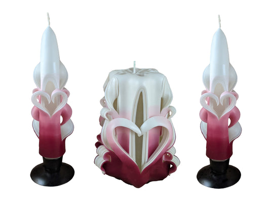 Carved Raspberry Valentine Heart Candle Set