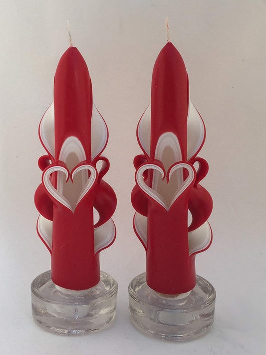 Handmade Red Carved Valentine Heart Taper Candles - 6 inch