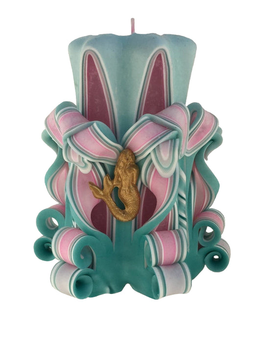Handmade Pink and Teal Carved Mermaid Theme Pillar Candle - 5 Inch