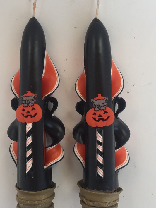 Handmade Halloween Black Cat Jack-o-Lantern Carved Taper Candles - 6 Inch