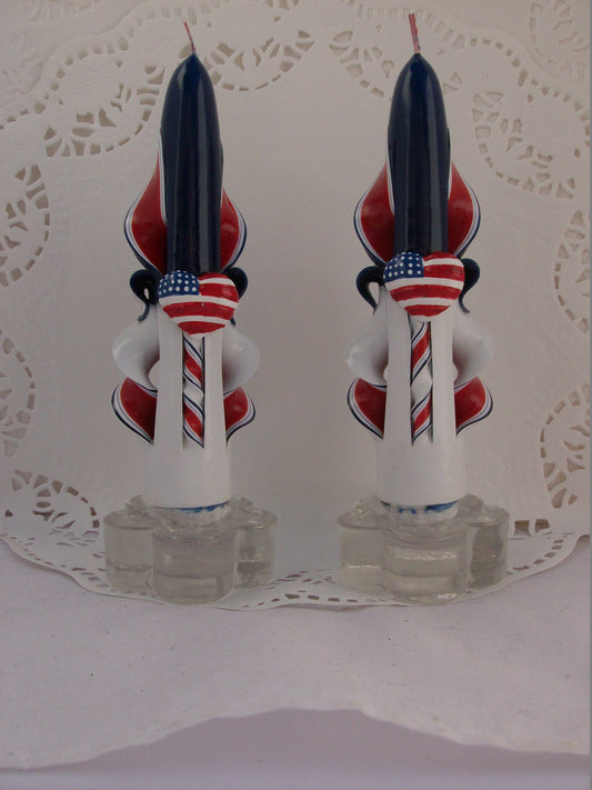 Carved Patriotic Taper Candles with Heart Flag Accents