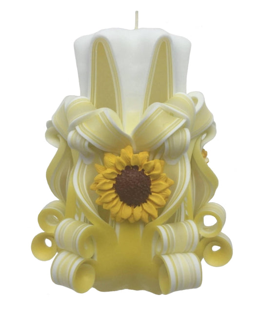 Handmade Yellow and White Carved Sunflower Pillar Candle - 5 Inch