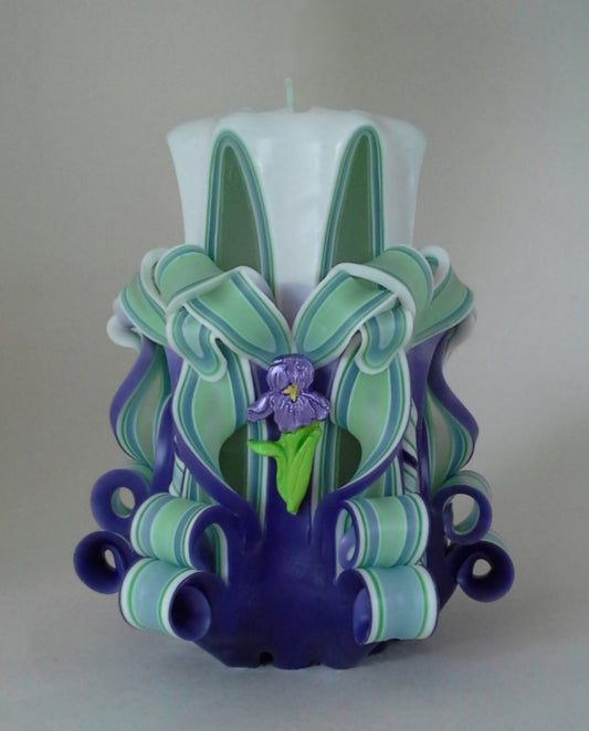 Handmade Shaded Purple and Green Carved Iris Candle Set
