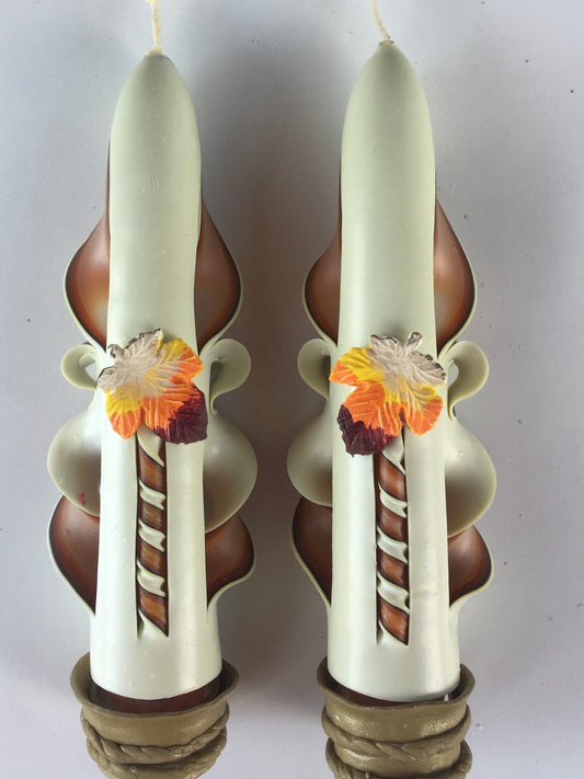Handmade Carved Taper Candles with Autumn Leaves - 6 Inch