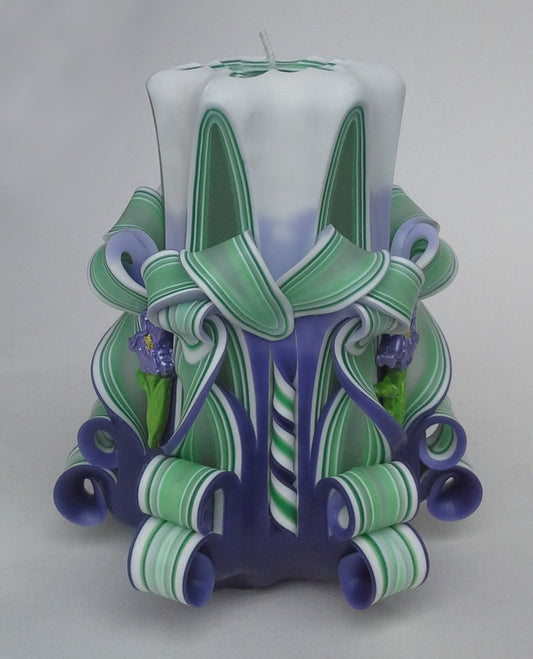 Handmade Purple and Green Carved Iris Pillar Candle - 5 Inch