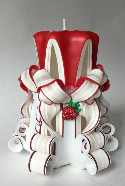 Handmade Red and White Carved Strawberry Candle Set