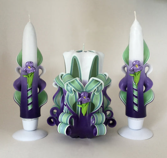 Handmade Shaded Purple and Green Carved Iris Candle Set