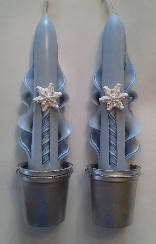 Carved Ice Blue Snowflake Taper Candles