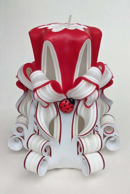 Handmade Red and White Carved Ladybug Pillar Candle - 5 Inch