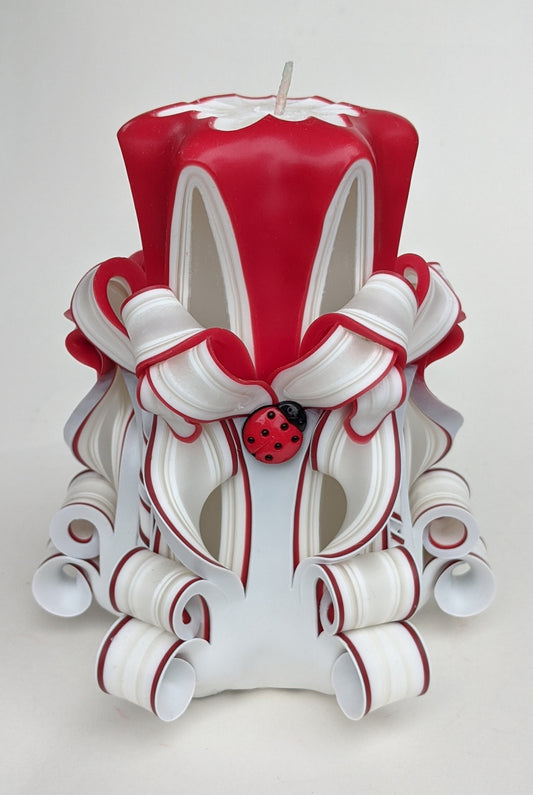 Handmade Red and White Carved Ladybug Pillar Candle - 5 Inch