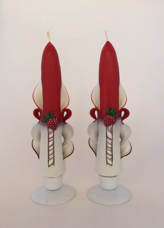 Handmade Red and White Carved Strawberry Taper Candles - 6 inch