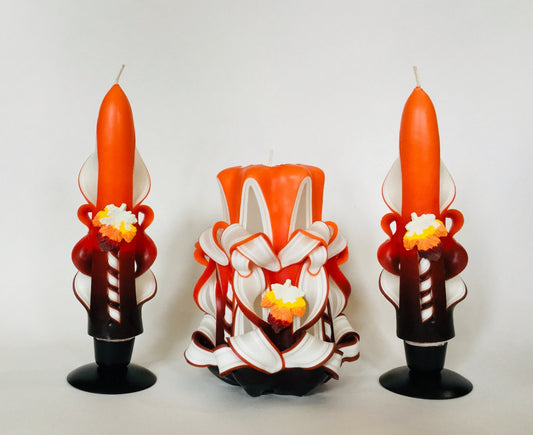 Handmade Orange Autumn Leaves Carved Candle Set