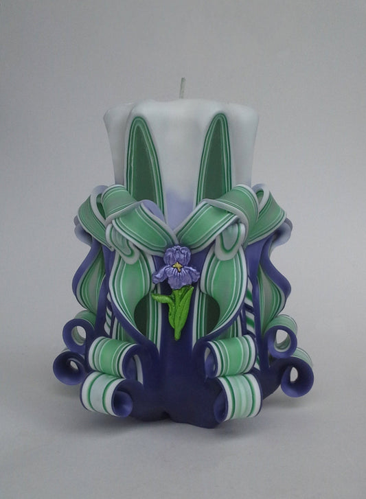 Handmade Purple and Green Carved Iris Pillar Candle - 5 Inch