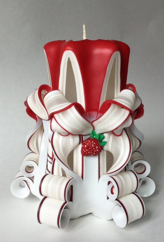 Carved Red and White Strawberry Pillar Candle