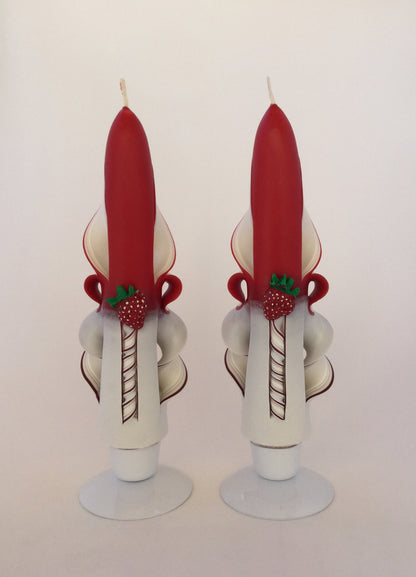 Handmade Red and White Carved Strawberry Candle Set