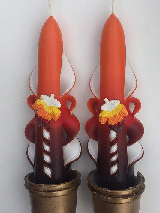 Handmade Orange Autumn Leaf Carved Taper Candles - 6 Inch