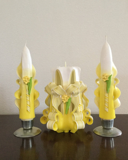 Handmade Shaded Yellow Carved Daffodil Candle Set