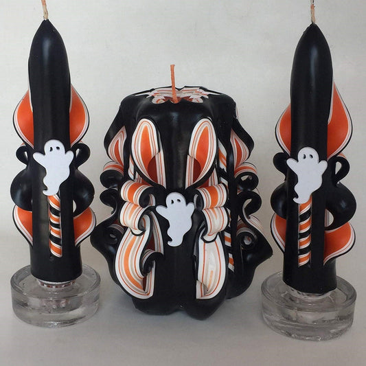 Handmade Halloween Ghost Carved Candle Set