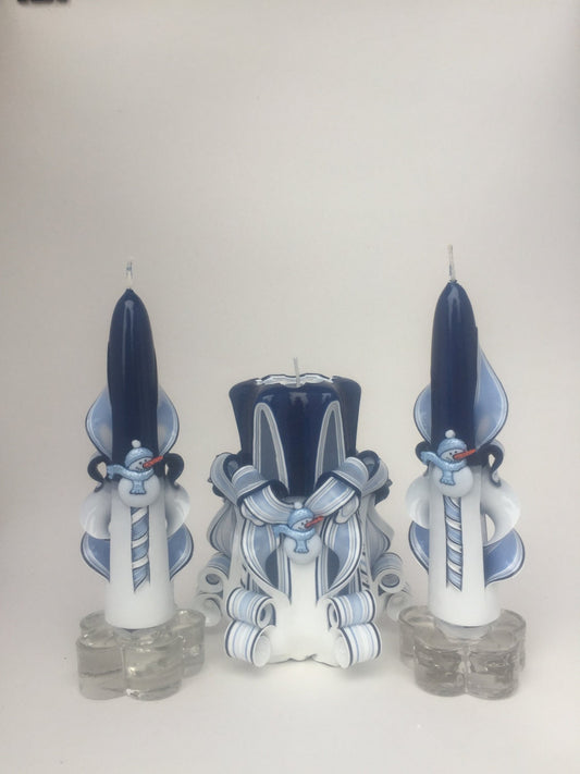 Blue Snowman Carved Candle Centerpiece Set