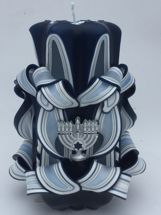 Carved Hanukkah Pillar Candle with Menorah Accents