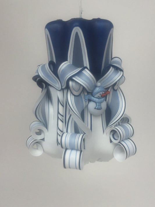 Hand-Carved Winter Snowman Pillar Candle - 5 Inch