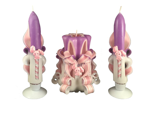 Carved Pink & Purple Easter Bunny Candle Set