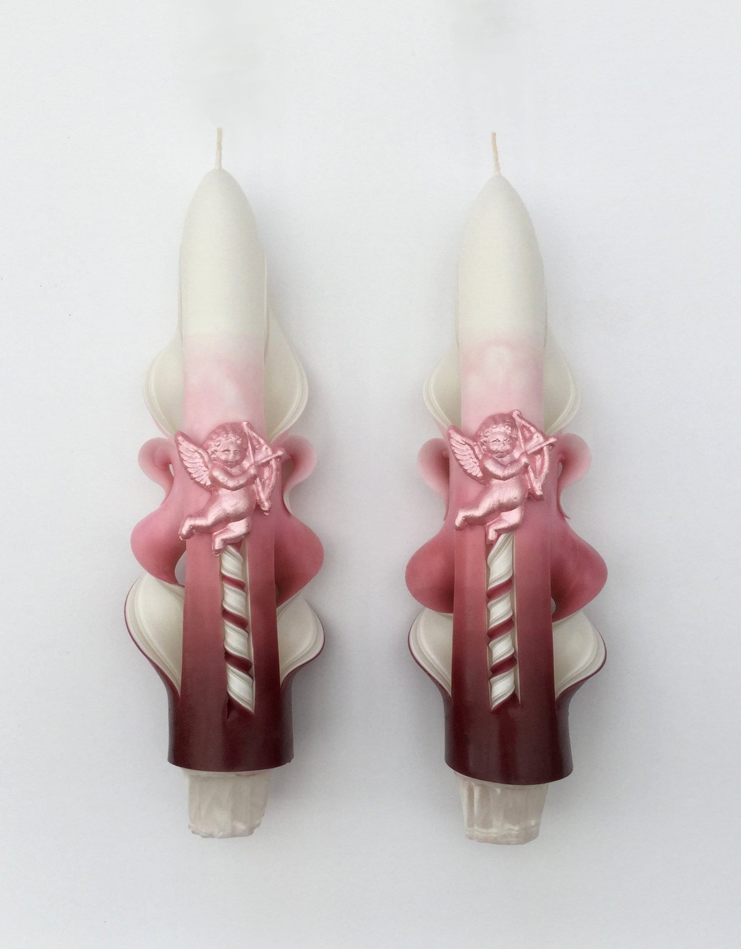 Handmade Raspberry Pink Carved Valentine Cupid Taper Candles - 6 Inch
