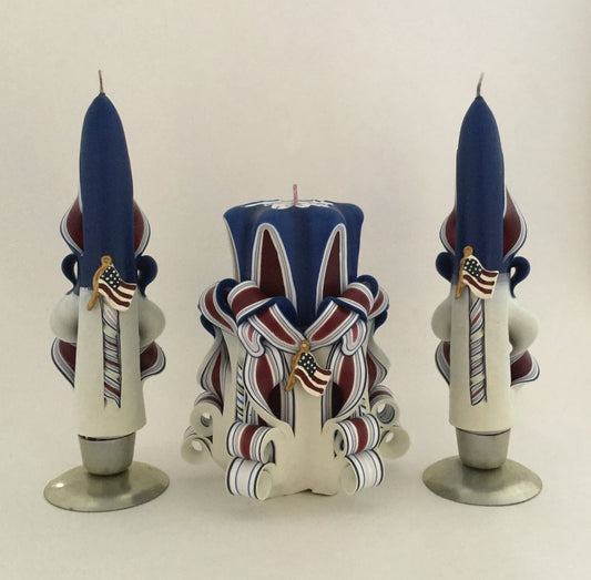 Carved Americana Candle Set with Flag Accents