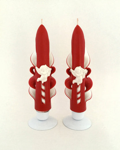 Handmade Red Carved Valentine Cupid Taper Candles - 6 Inch