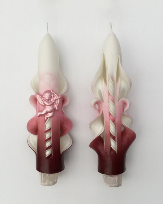 Handmade Raspberry Pink Carved Valentine Cupid Taper Candles - 6 Inch